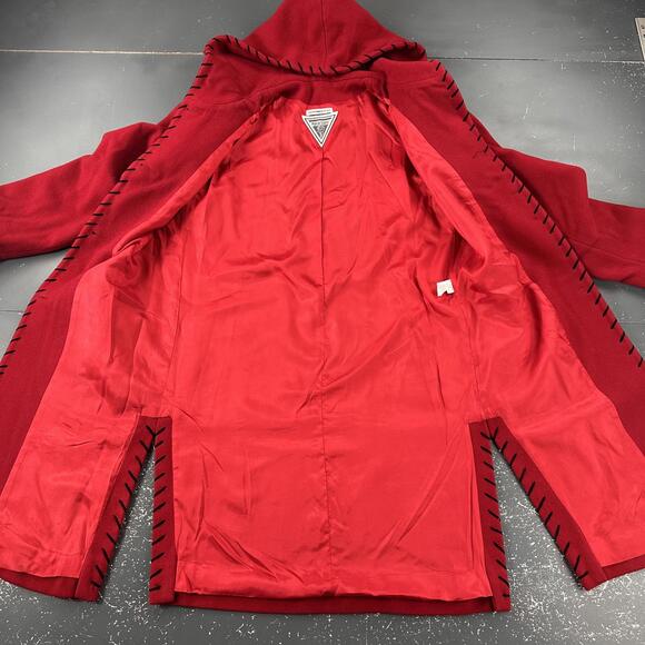Marvin Richards Coat Womens Small Red Black Whipstitch Wool Long Pea Hooded EUC - Picture 6 of 8